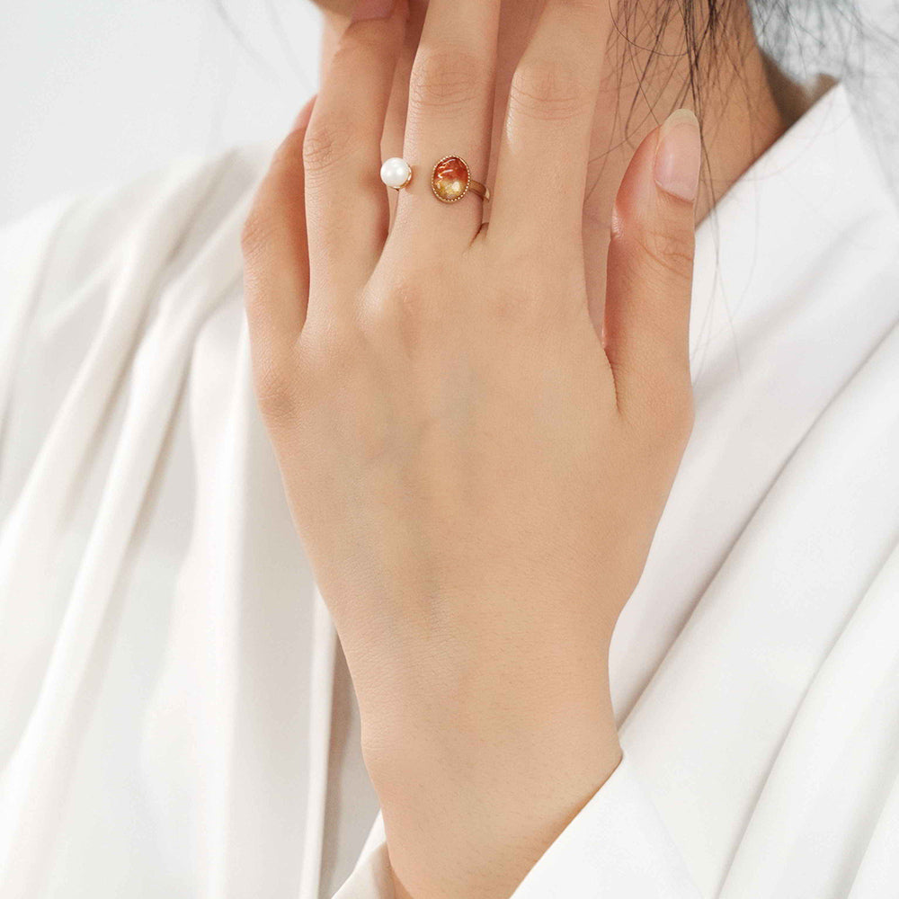Color Stone Inlay Oval Pearl Ring – Red & Prosperous Series