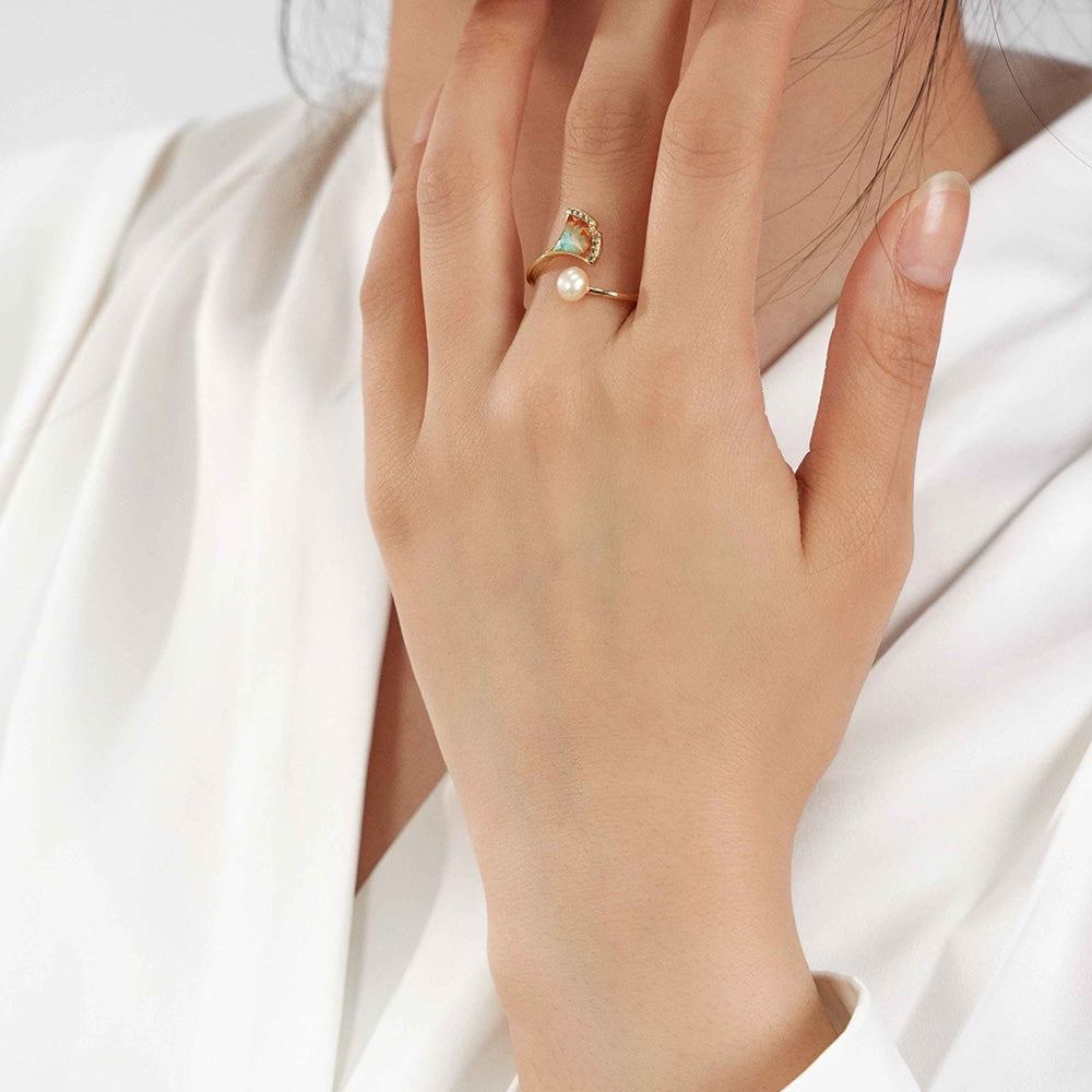 Dunhuang-Colored Ginkgo Leaf Ring Inlaid with Colored Stones & Pearls