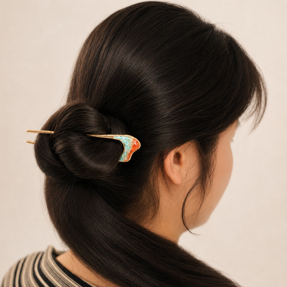 Color Stone Inlay Nanhong Freeform Hairpin, Dunhuang Red