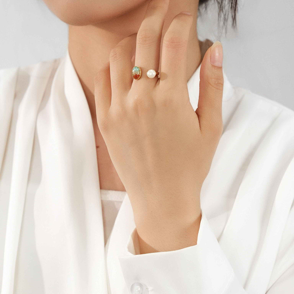 Color Stone Inlay Oval Pearl Ring – Dunhuang Color Series