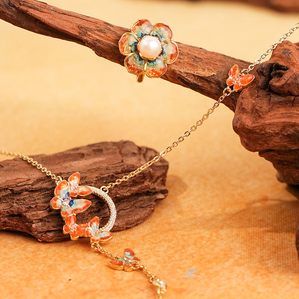 Warm Blossom Butterfly Dunhuang Floral Necklace + Ring Bundle