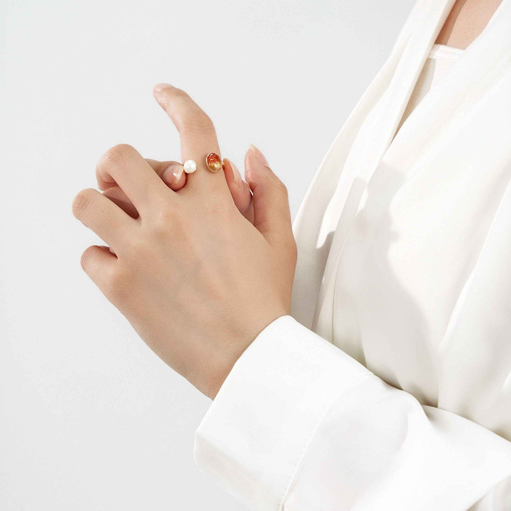 Color Stone Inlay Oval Pearl Ring – Red & Prosperous Series