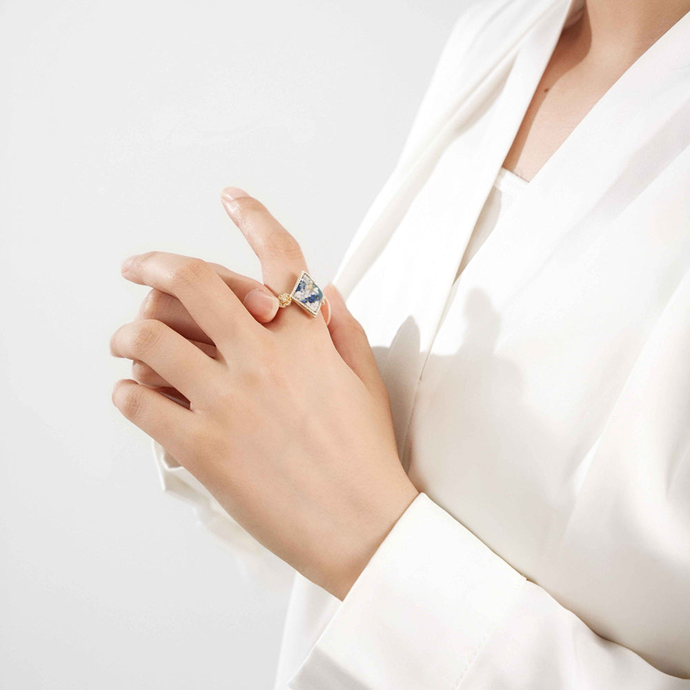 Color Stone Inlay Blue & White Diamond-Shaped Adjustable Ring