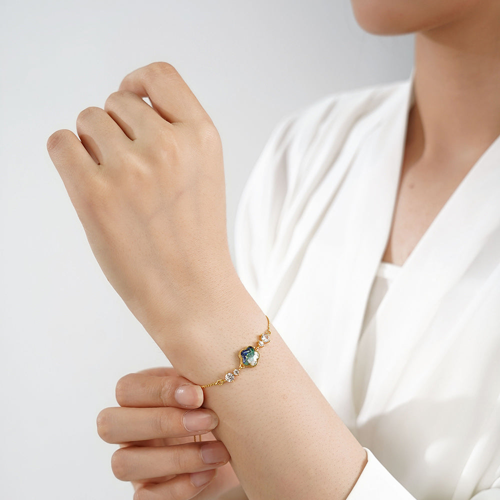 Color Stone Inlay Bracelet – Plum Blossom with Crystals, Blue & White