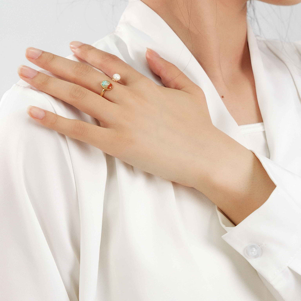 Color Stone Inlay Oval Pearl Ring – Dunhuang Color Series