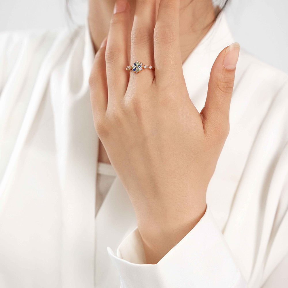 Color Stone Inlay Blue & White Snowflake Ring