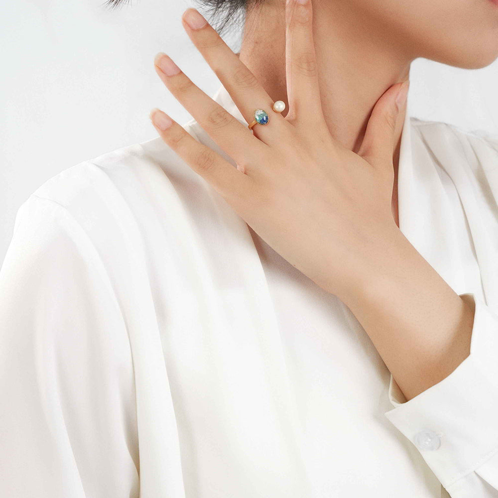 Color Stone Inlay Oval Pearl Ring – Blue & White Series