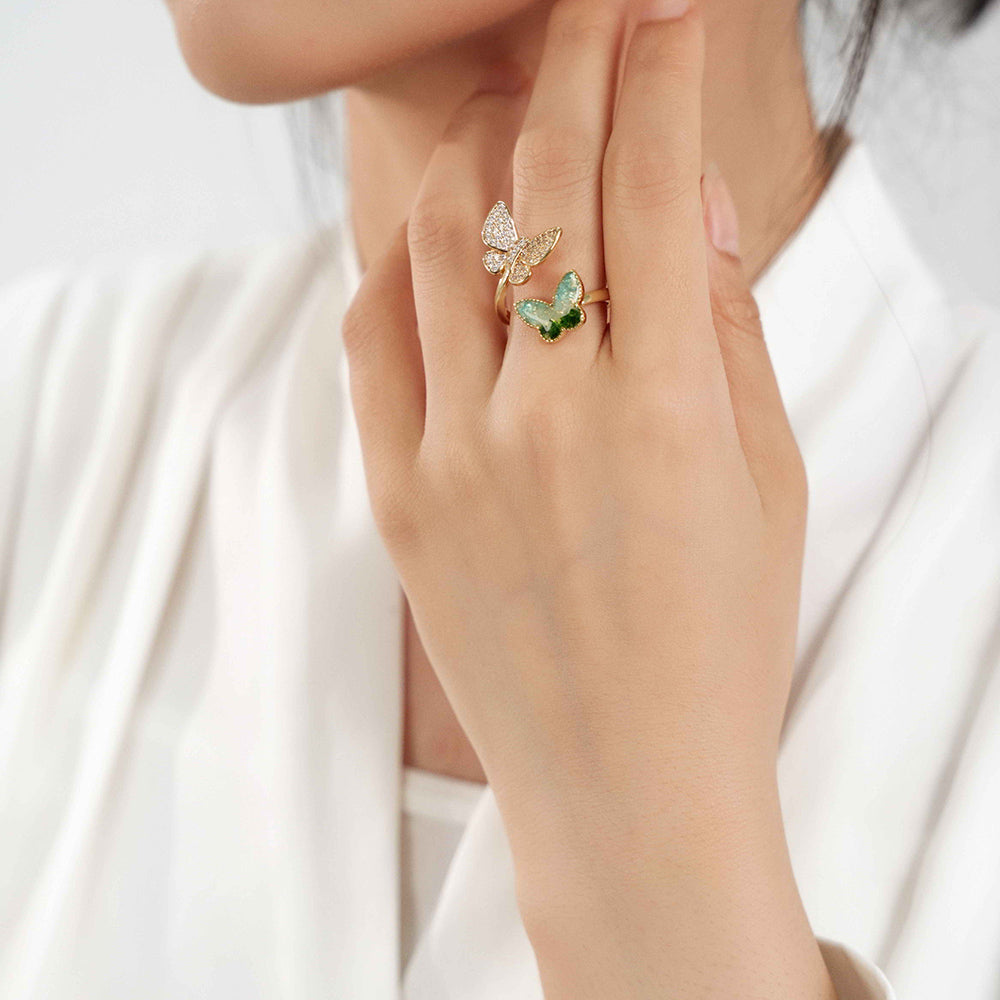 Color Stone Inlay Light Green Gradient Butterfly Ring – C Style
