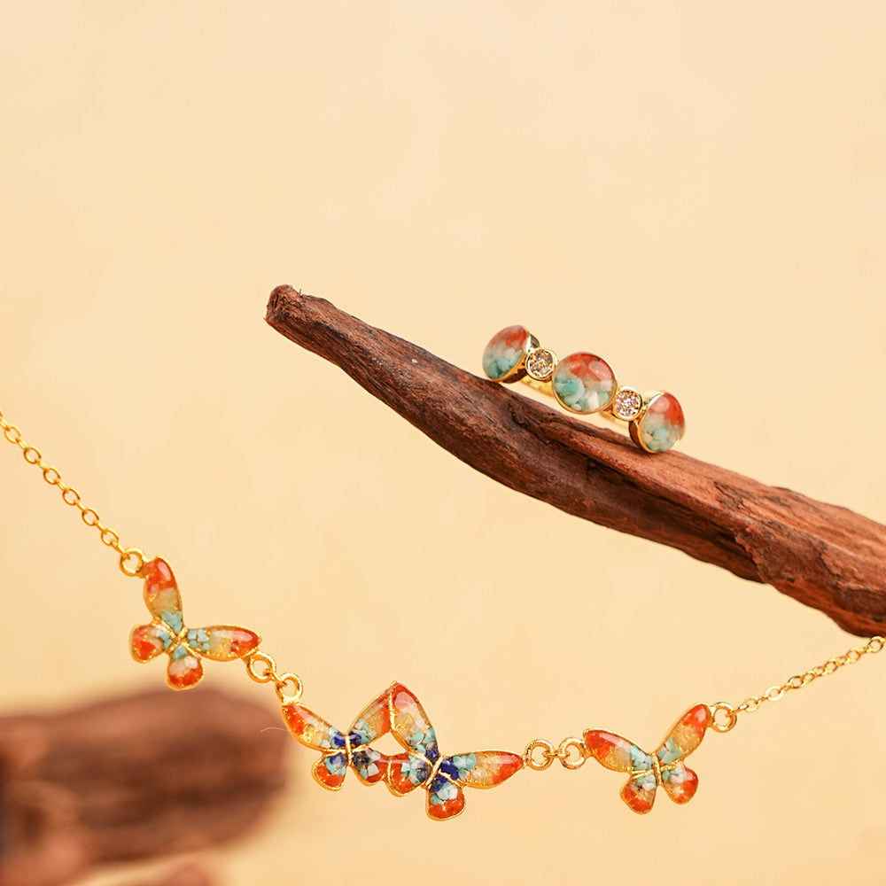 Zhuangzi's Butterfly Dream Dunhuang Butterfly Ring + Necklace Bundle