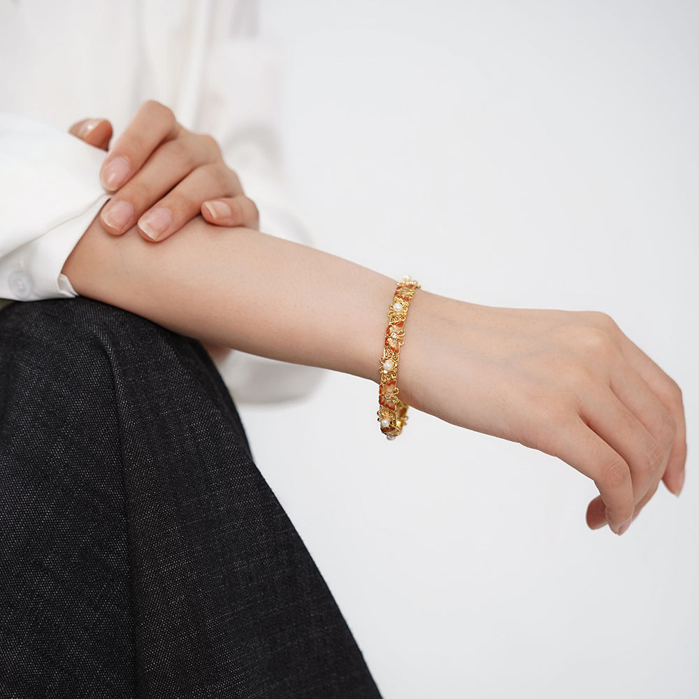 Color Stone Inlay Heavy-duty Pearl Bracelet – Openwork Peach Blossom Design