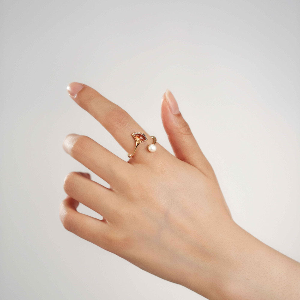 Colored Stone Inlaid Prosperous Red Ginkgo Leaf Pearl Ring