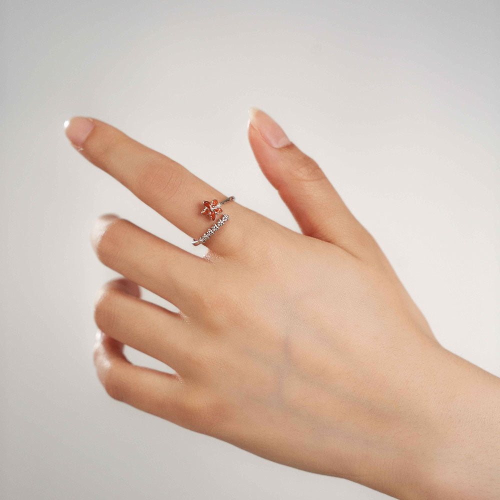 Color Stone Inlay Silver Open Ring – Five-Petal Flower, Red Series