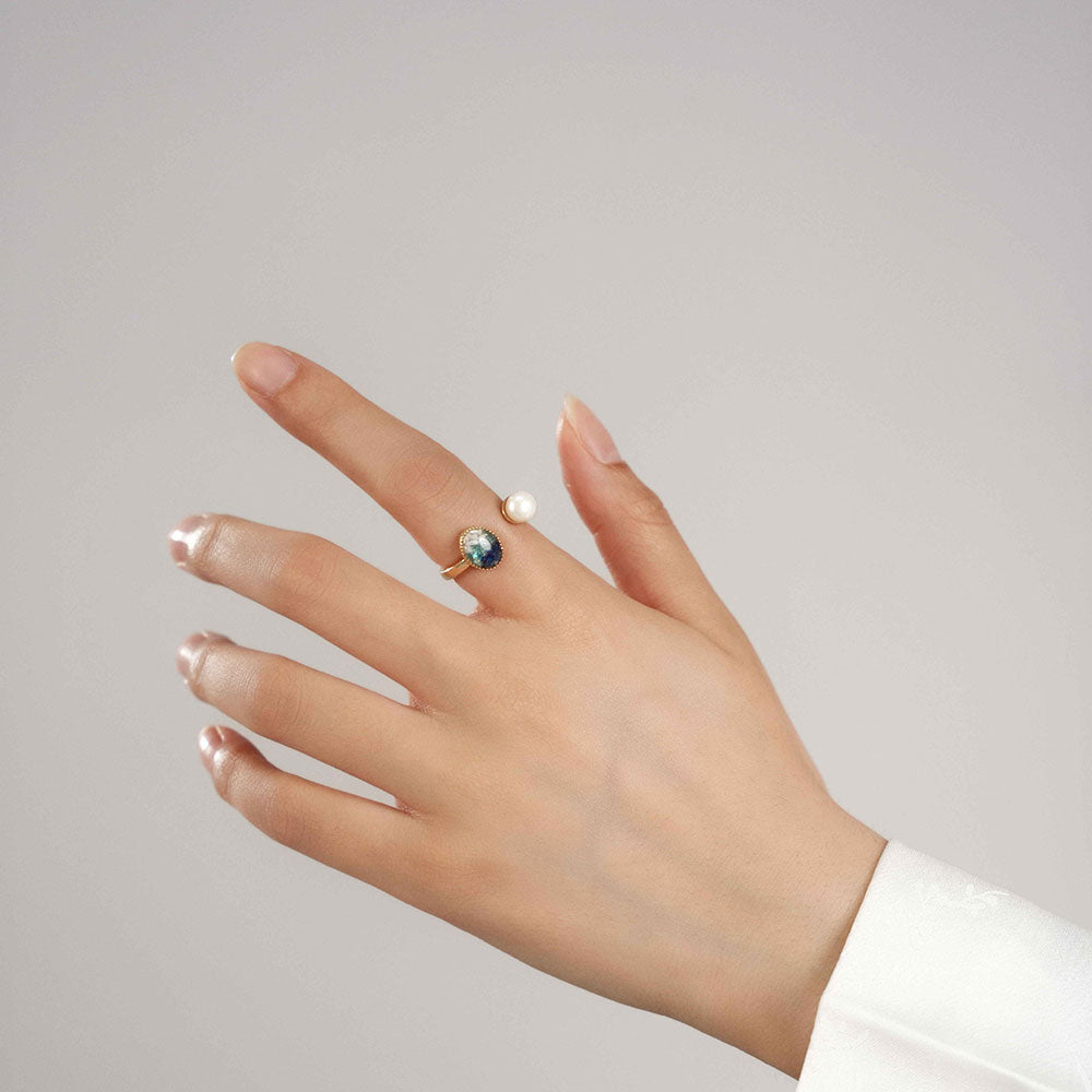 Color Stone Inlay Oval Pearl Ring – Blue & White Series