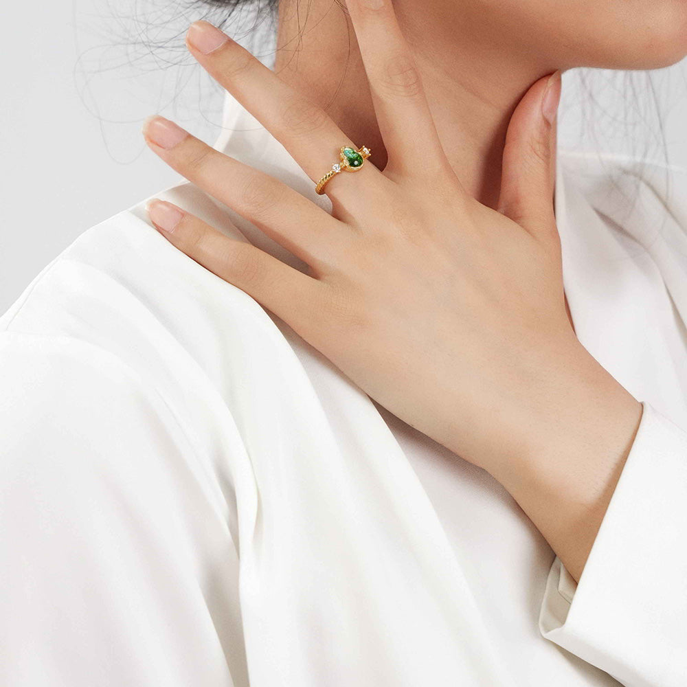 Jadeite Green Gourd Ring Inlaid with Colored Stones