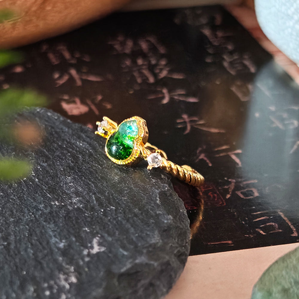 Jadeite Green Gourd Ring Inlaid with Colored Stones