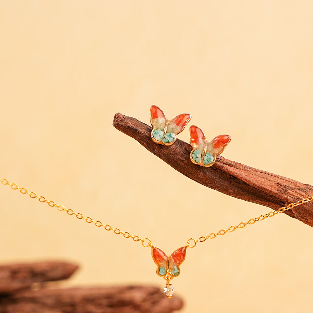 Dancing Butterfly in Rosy Dunhuang Glow Butterfly Waltz Necklace & Ring Bundle