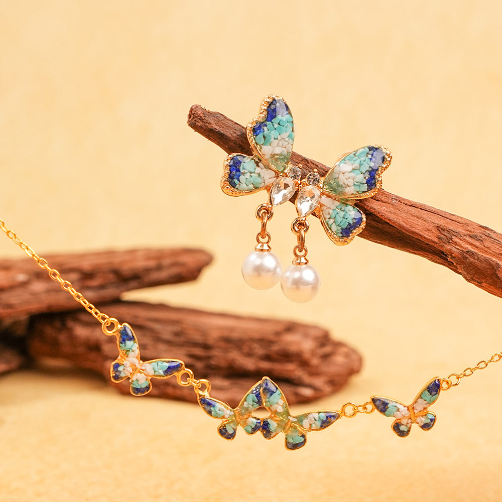 Butterfly in Azure Dream” Lapis Lazuli Butterfly Stud Earrings + Necklace Bundle