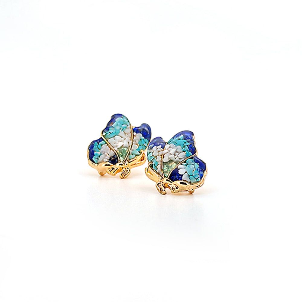 Butterfly Wing Earrings with Blue-and-White Enamel and Stone Inlay