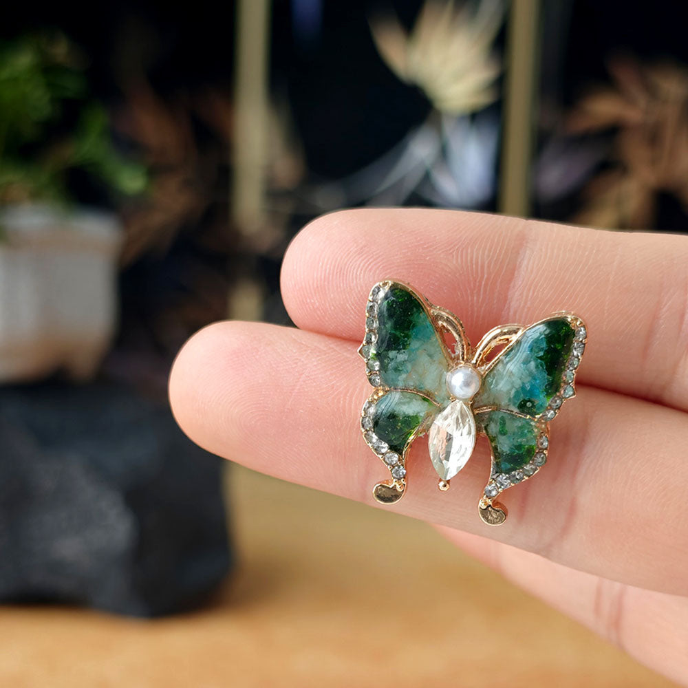 Jade Green Gem Inlay Butterfly Brooch with Pearl