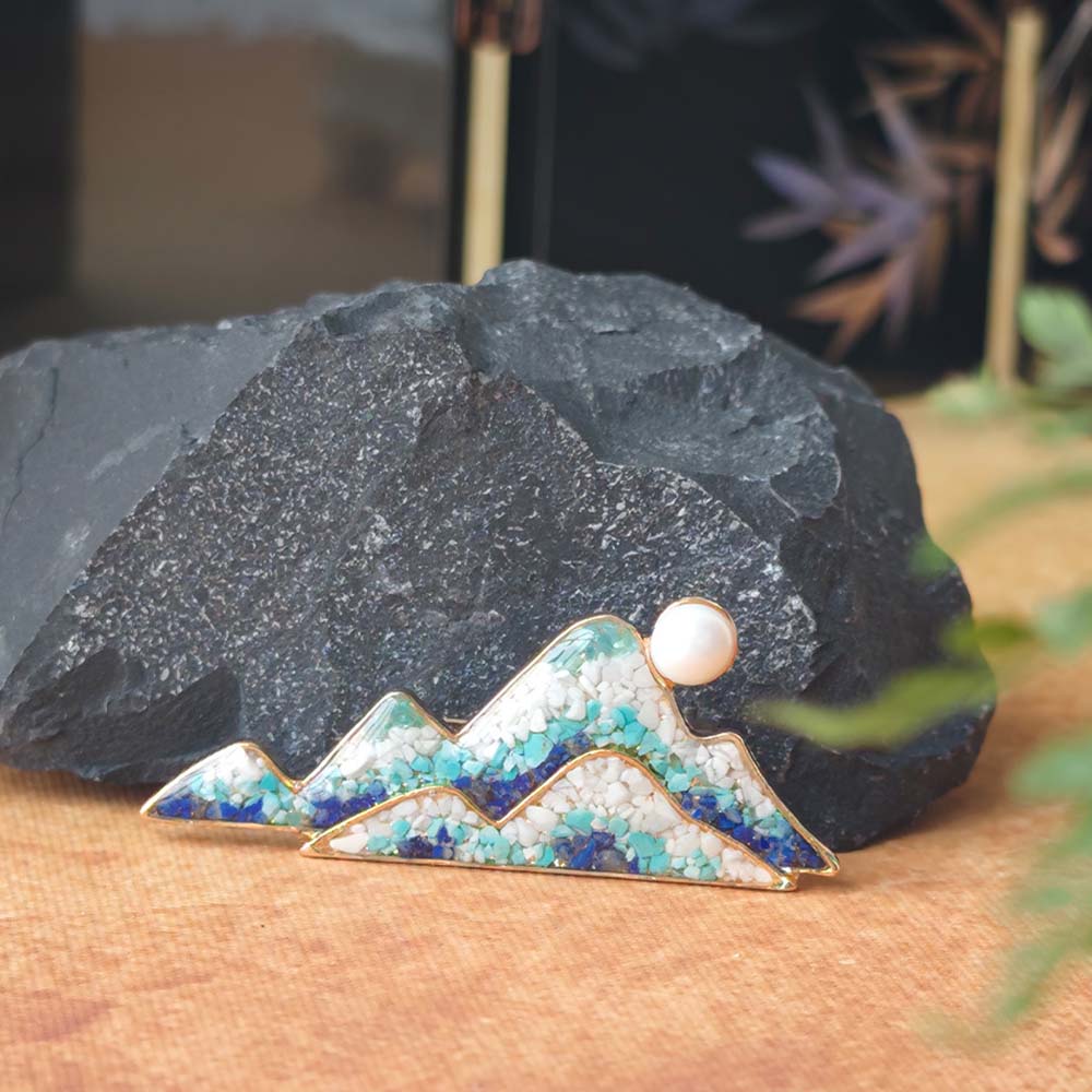 Lapis Lazuli Landscape Brooch with Inlaid Colored Stones