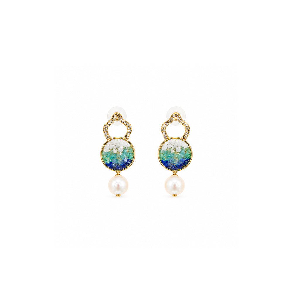 Colored Stone Inlaid Blue-and-White Gourd Earrings