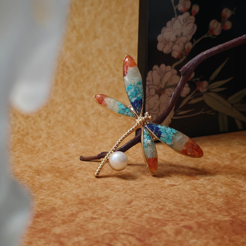 Dunhuang Red Stone Inlay Dragonfly Brooch