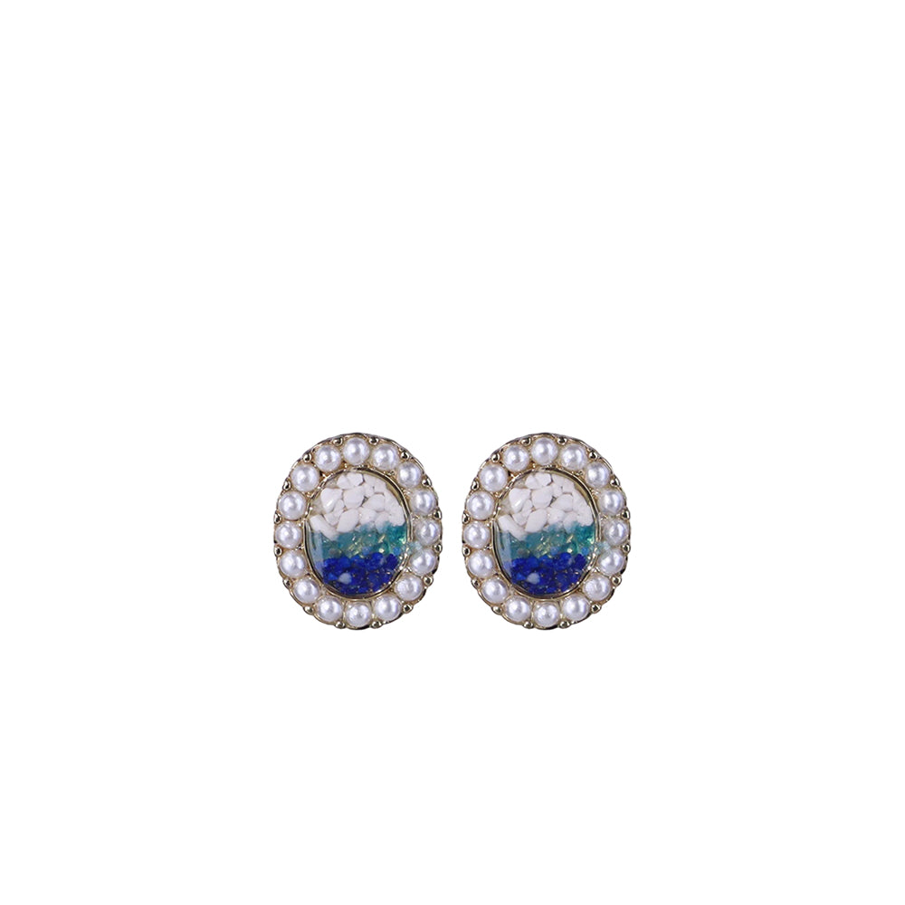 Colorful Stone Inlaid Oval Pearl Earrings, Blue-White Gradient