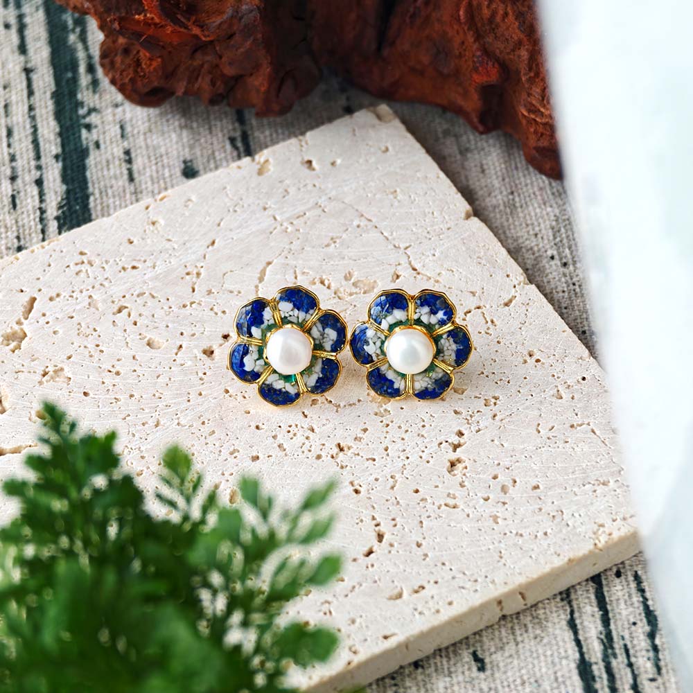 Color Stone Inlay Plum Gradient Baoxiang Flower Stud Earrings