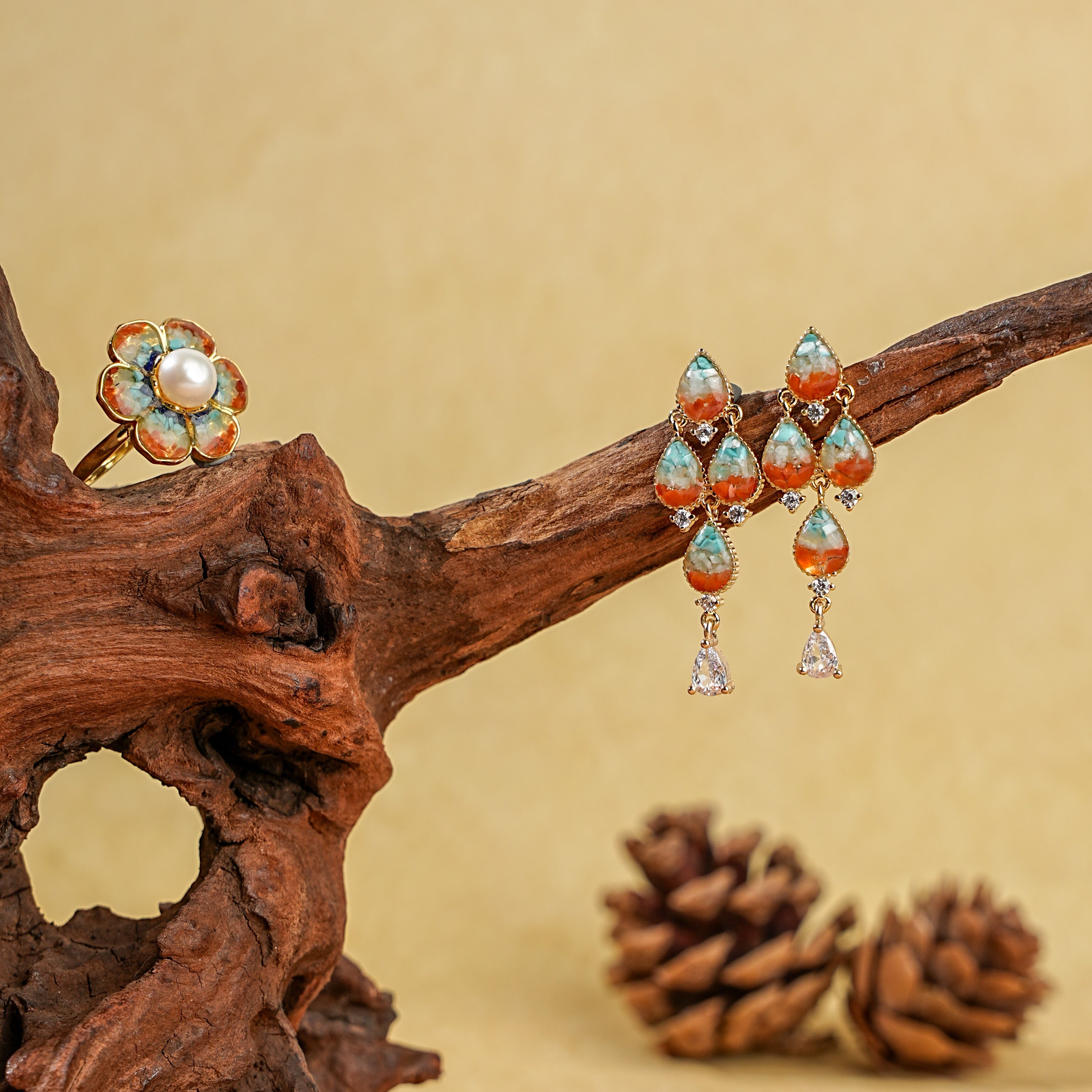 Romantic Floral Teardrop Stud Earrings + Baoxiang Flower Ring Set
