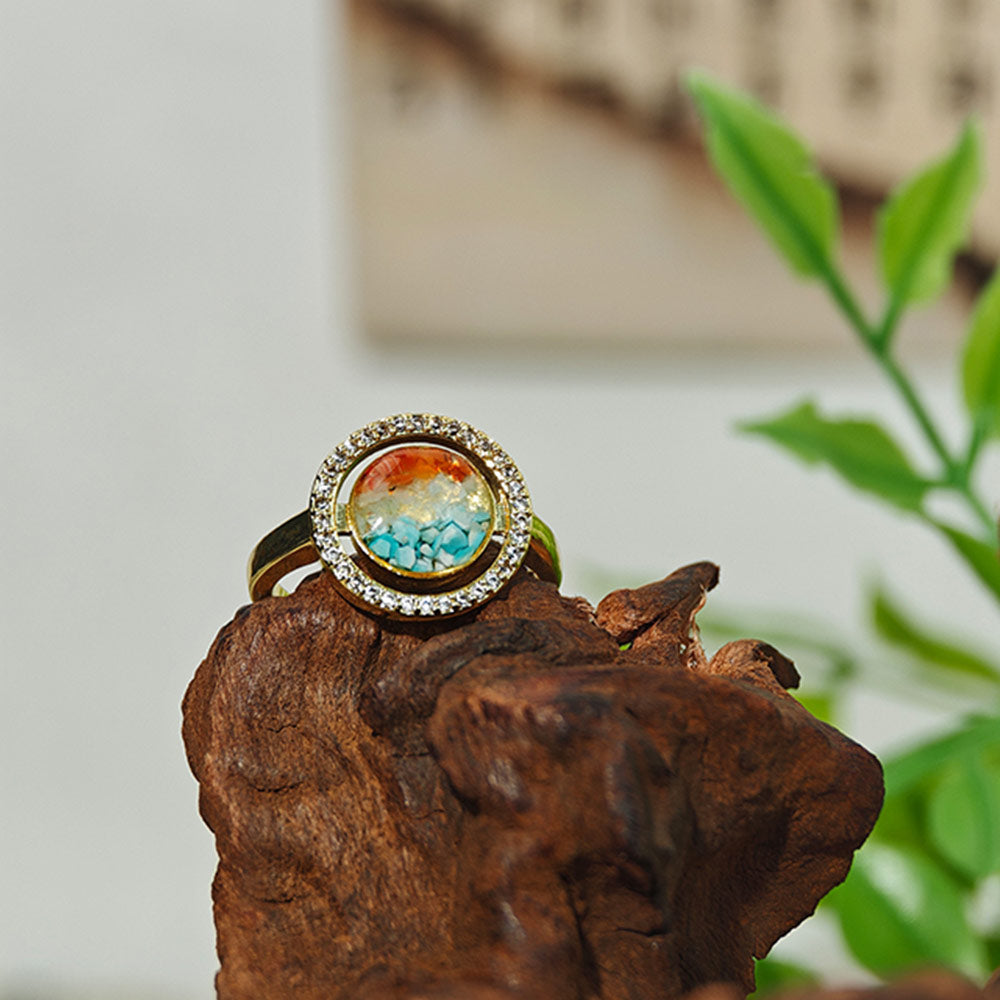 Dunhuang-Colored Big Round Bean Ring Inlaid with Colored Stones