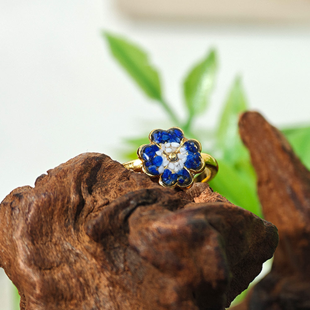 Color Stone Inlay Blue & White Four-Leaf Clover Adjustable Ring