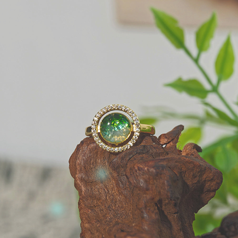 Jadeite Green Big Round Bean Ring Inlaid with Colored Stones