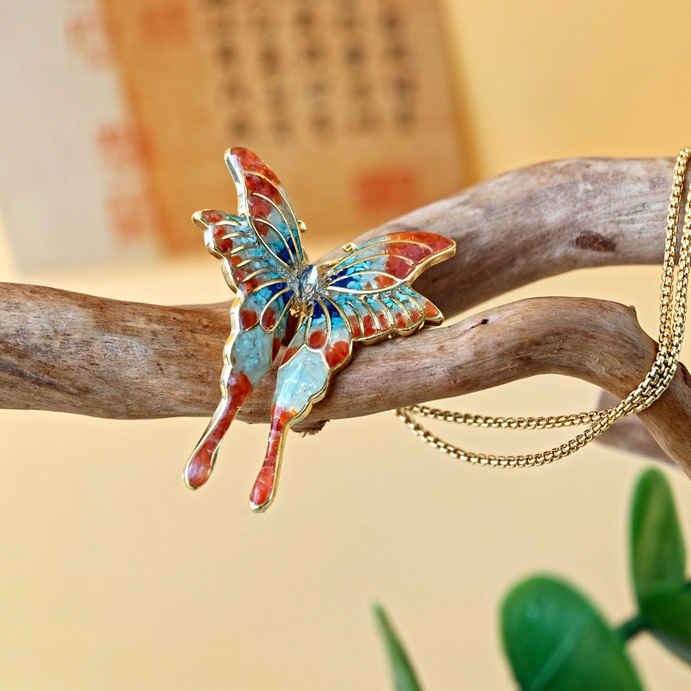 Color Stone Inlay Large Butterfly Necklace – Dunhuang Red