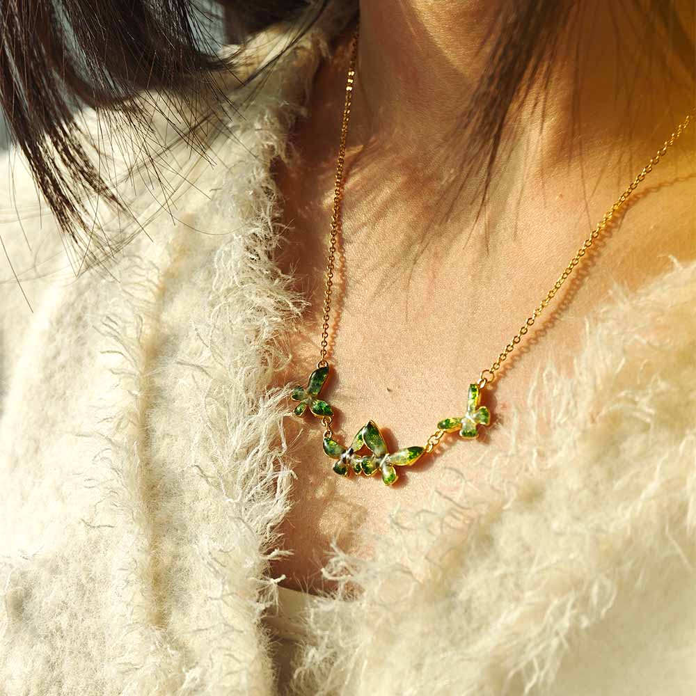 Jadeite Green Butterfly Necklace with Colored Stone Inlay