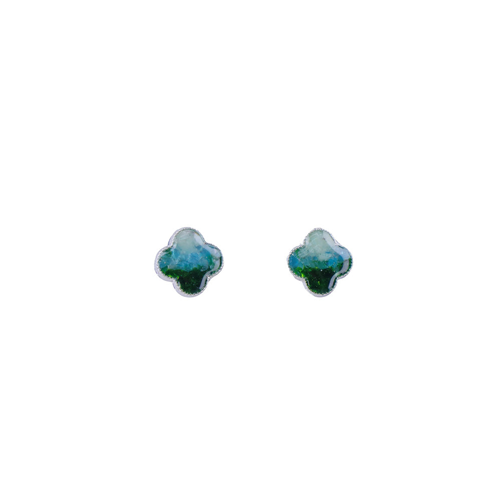 Color Stone Inlay Silver Four-Leaf Clover Stud Earrings – Jade Green Series