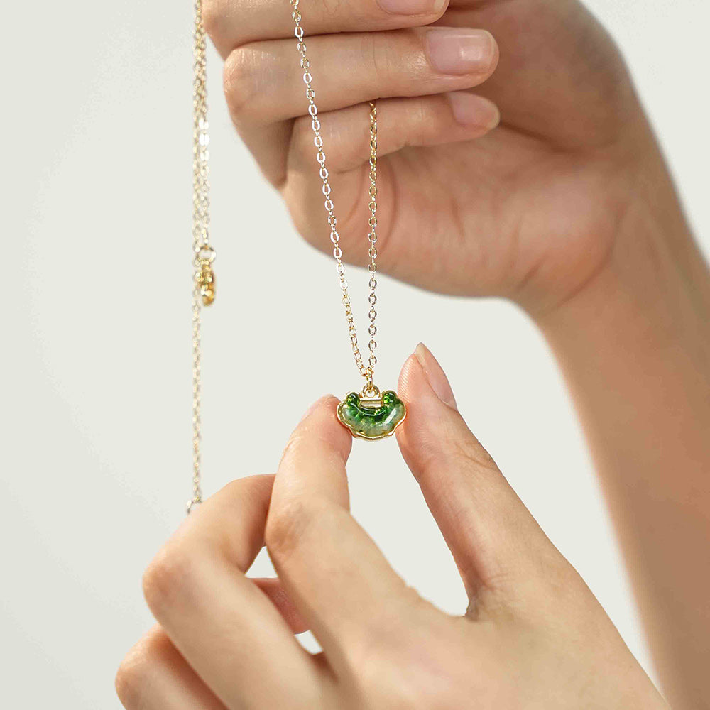 Color Stone Inlaid Emerald Green Longevity Lock Necklace