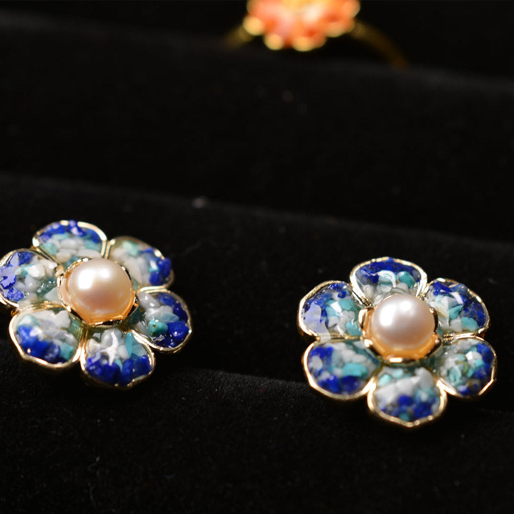 Color Stone Inlay Plum Gradient Baoxiang Flower Stud Earrings