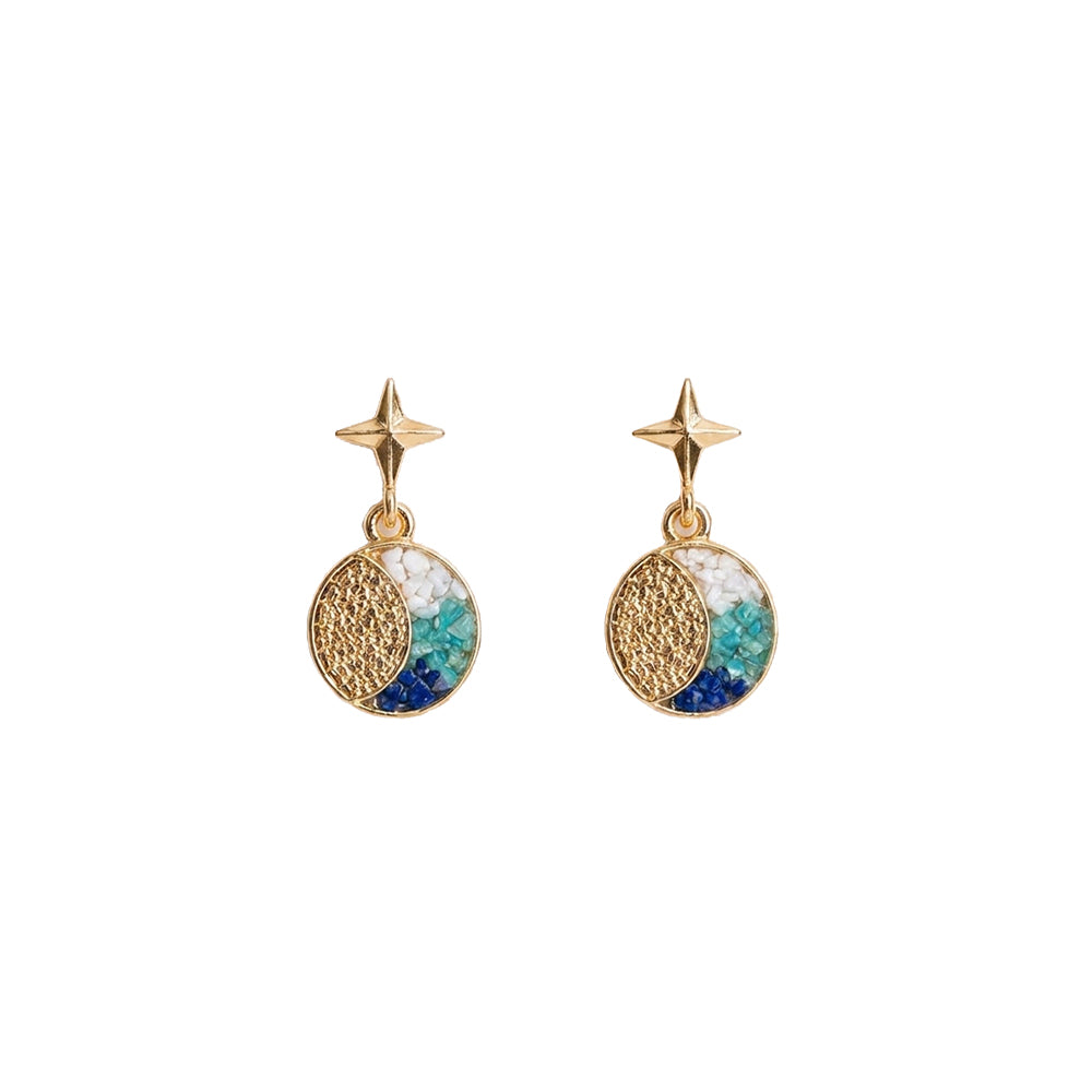 Stone Inlay Sun Moon Star Earrings, Blue and White Style