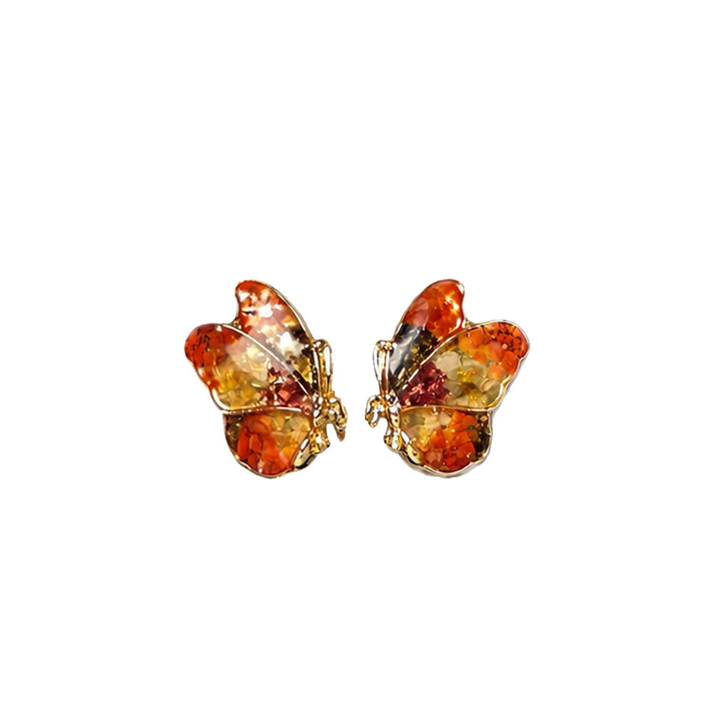 Color Stone Inlay Butterfly Wing Stud Earrings - Red & Prosperous Series