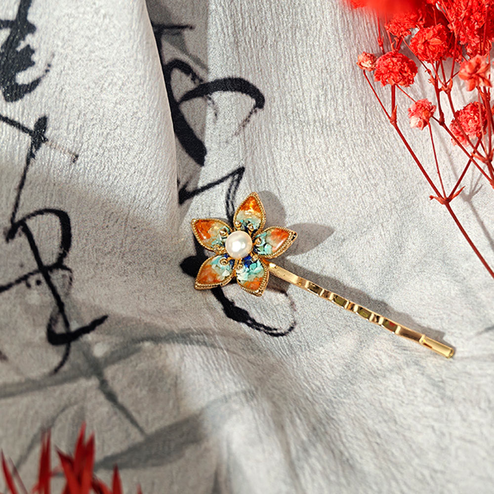 Colorful Stone Inlaid Nan Hong Five-Petal Flower Hair Clip, Dunhuang Red Style