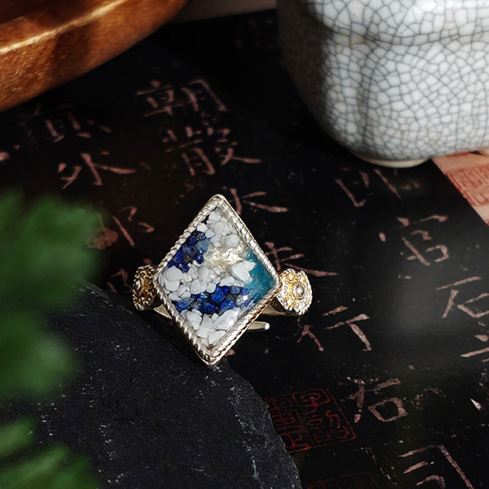 Color Stone Inlay Blue & White Diamond-Shaped Adjustable Ring