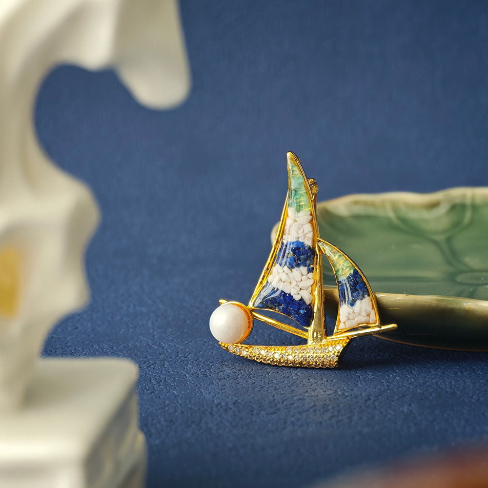 Color Stone Inlay Brooch – Sailboat, Blue & White Style