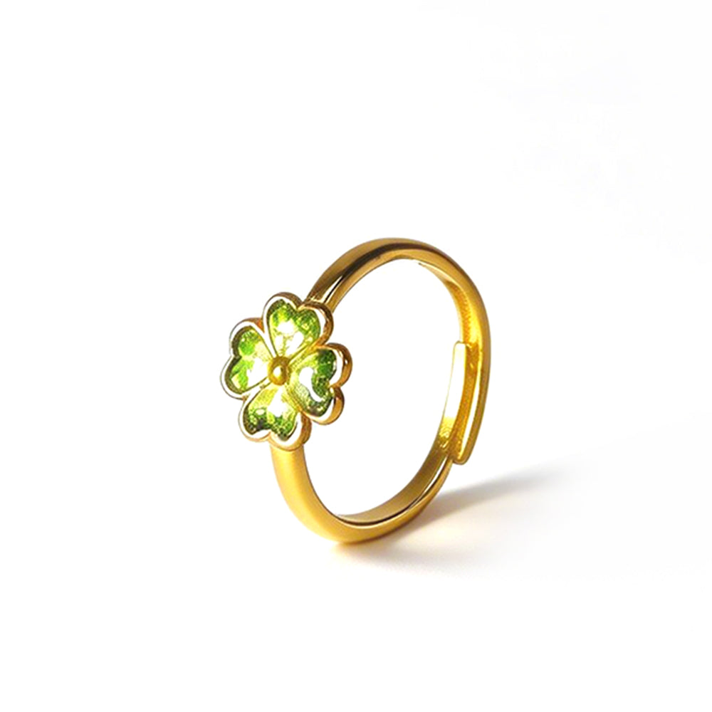 Adjustable Emerald Green Four-Leaf Clover Ring with Colorful Stone Inlay