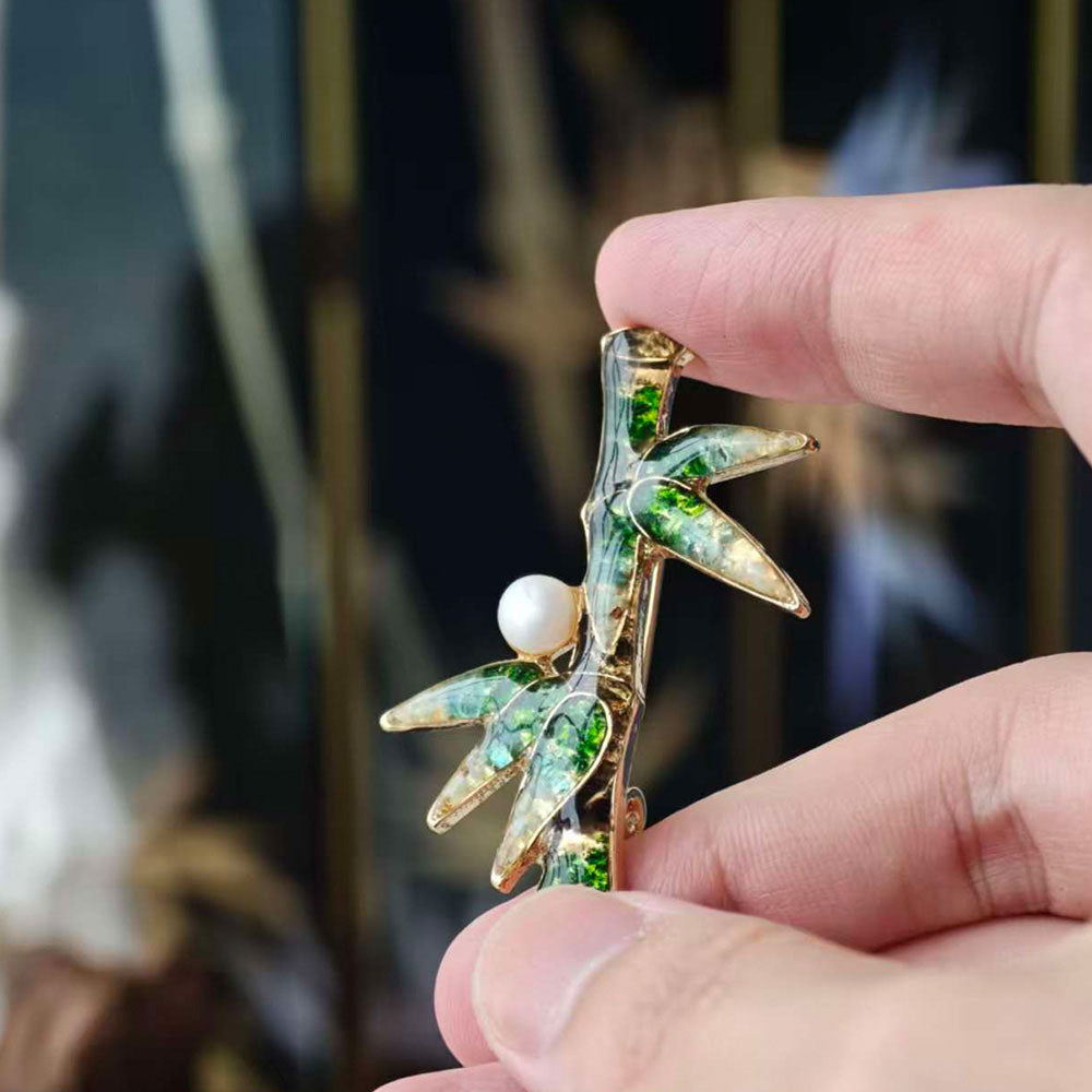 Jade Green Stone Inlay Bamboo Shape Brooch