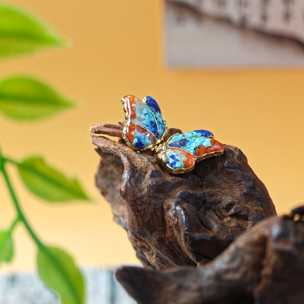 Color Stone Inlay Butterfly Wing Stud Earrings - Dunhuang Series