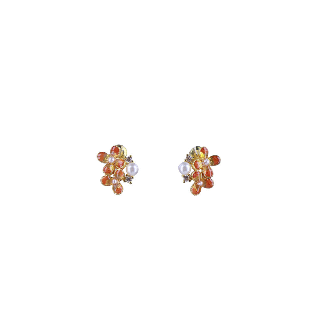 Color Stone Inlay Studs – Pearl & Four-Leaf, Vibrant Red