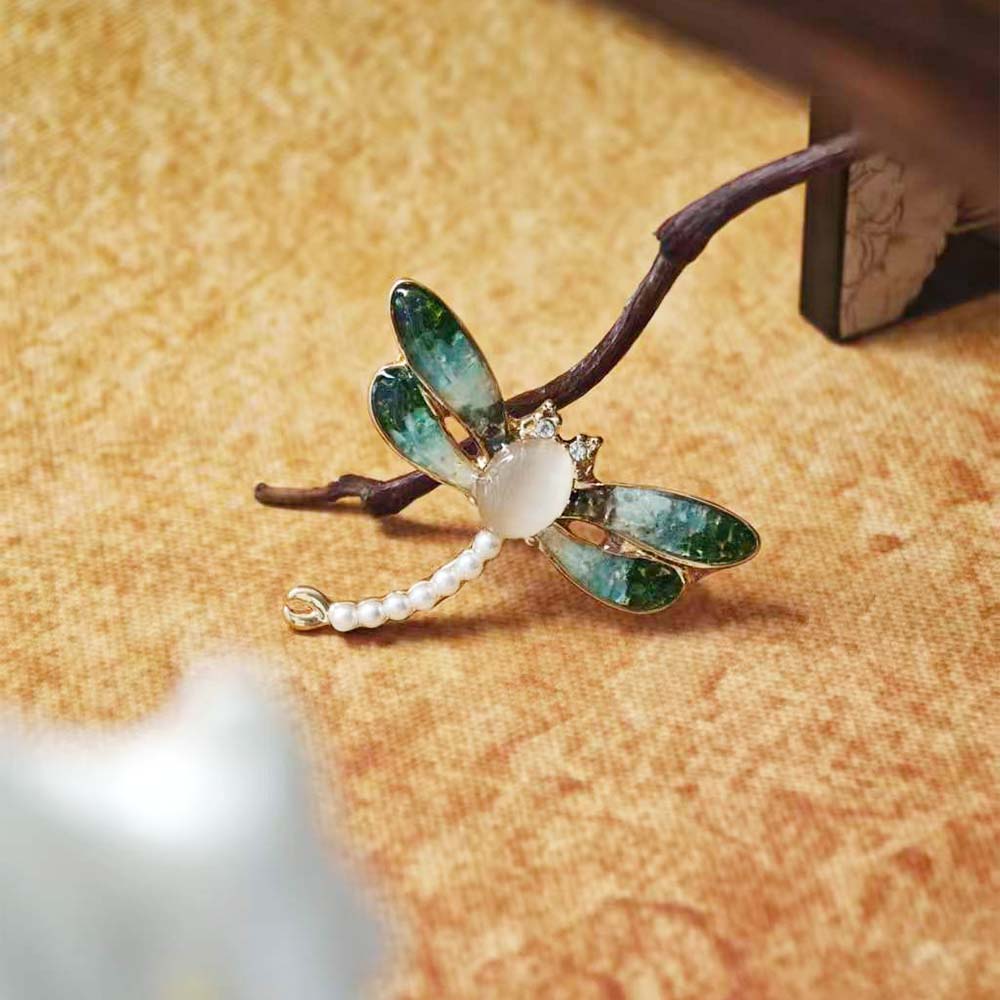 Jade Green Stone Inlay Dragonfly Shape Brooch