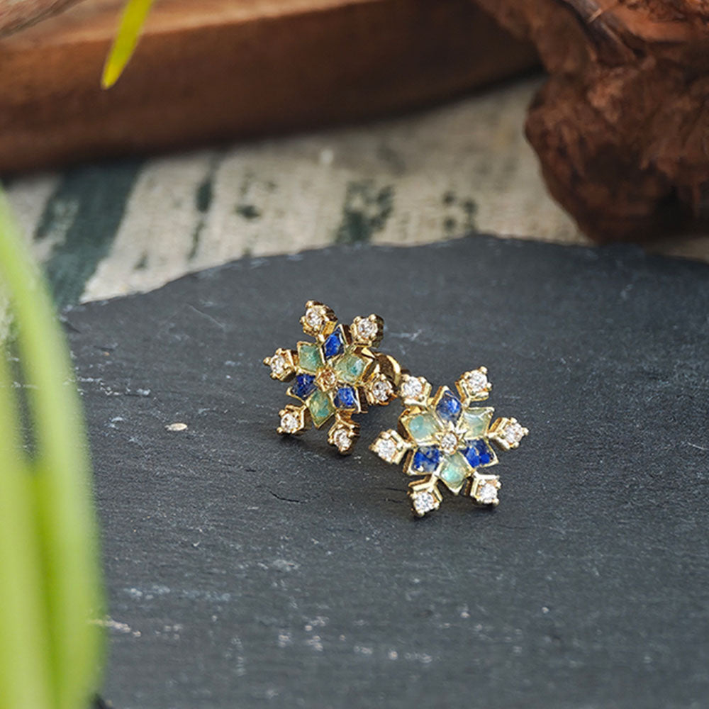 Color Stone Inlay Blue & White Snowflake Stud Earrings