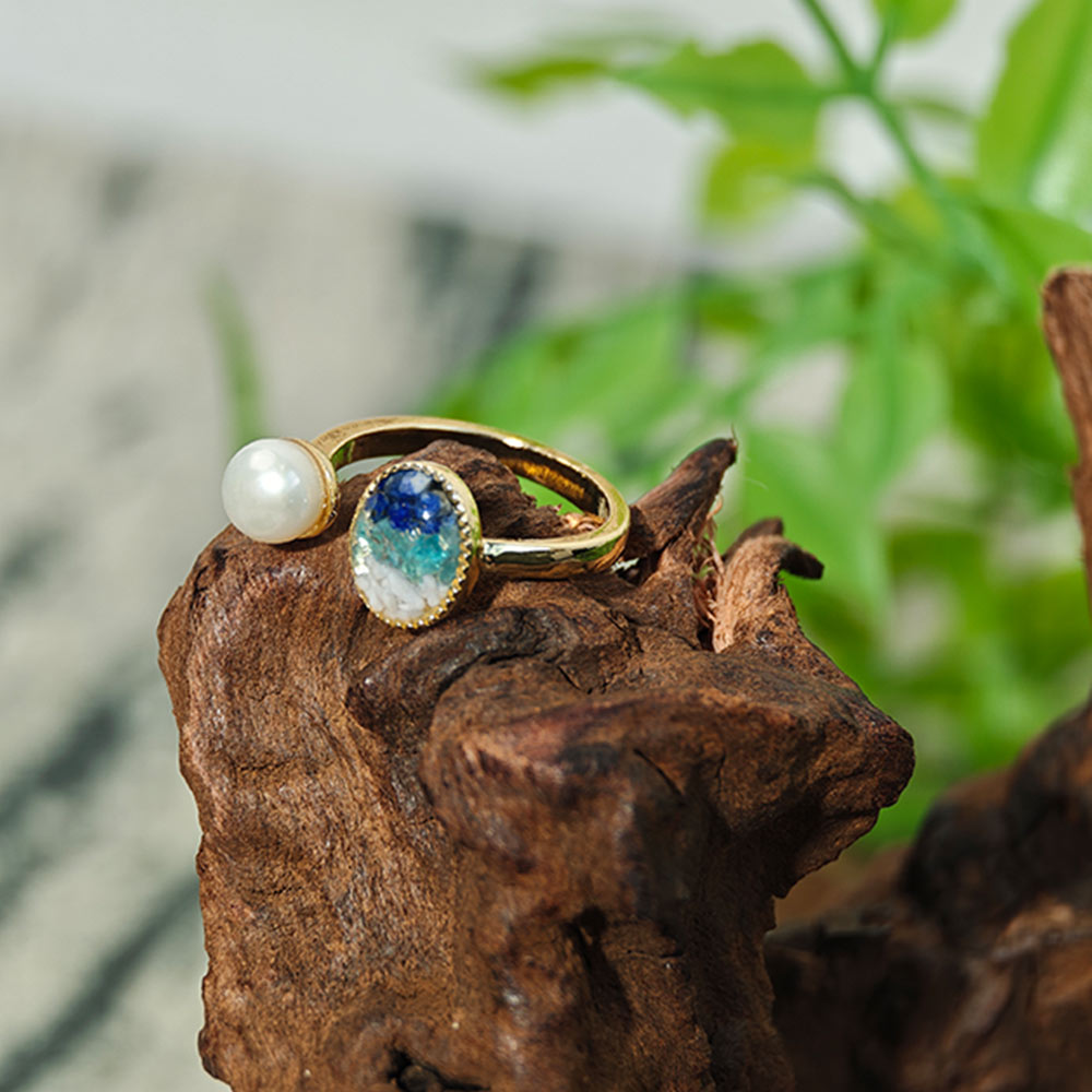 Color Stone Inlay Oval Pearl Ring – Blue & White Series