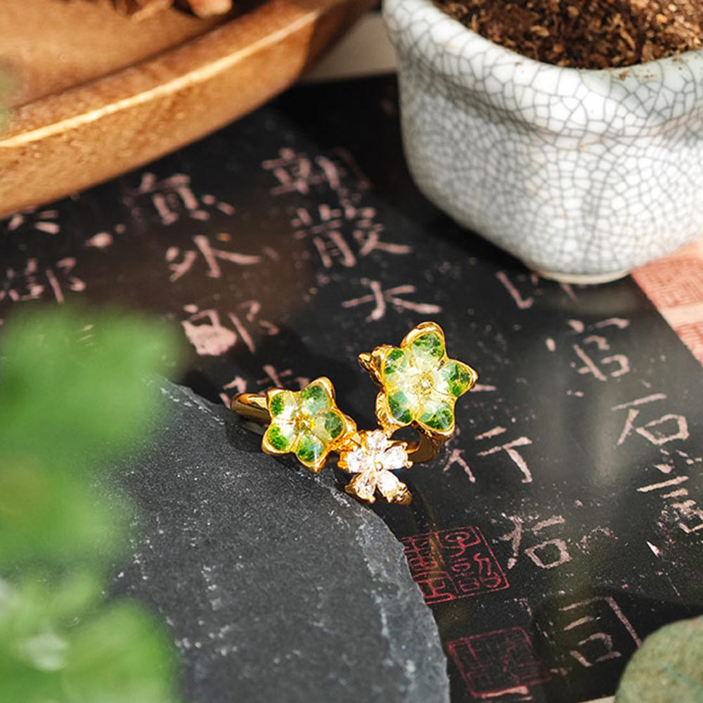 Colored Stone Inlaid Jade Green Peach Blossom Ring
